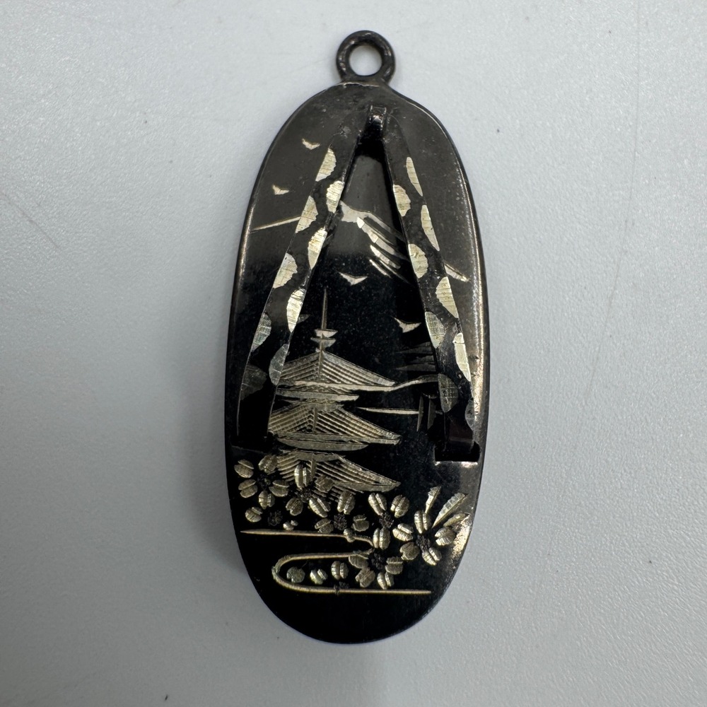 Amita Damascene Geta Pendant Black Sterling Silver Pagoda Inlay Vintage‎